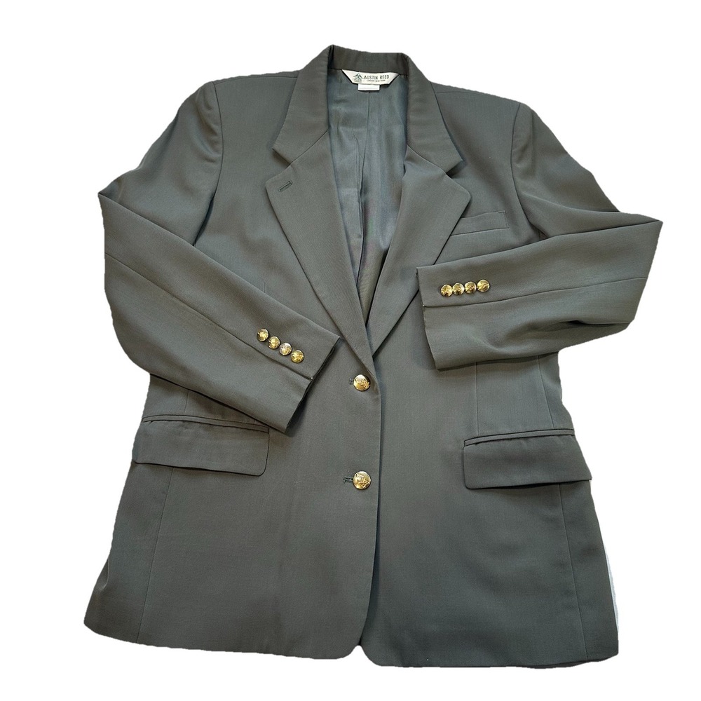 Vtg Austin Reed Blazer 100% Worsted Wool Moss 12 Gold Buttons Old Money Luxury